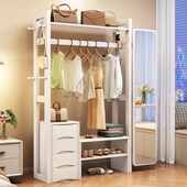 镜子一体白色家用实木衣帽架卧室落地多功能组合带抽屉门口挂衣架