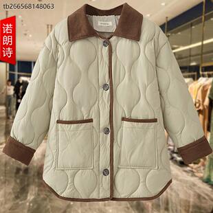 灯芯绒撞色轻薄棉衣翻领棉服初冬胖mm宽松显瘦夹棉外套大码 韩 女装