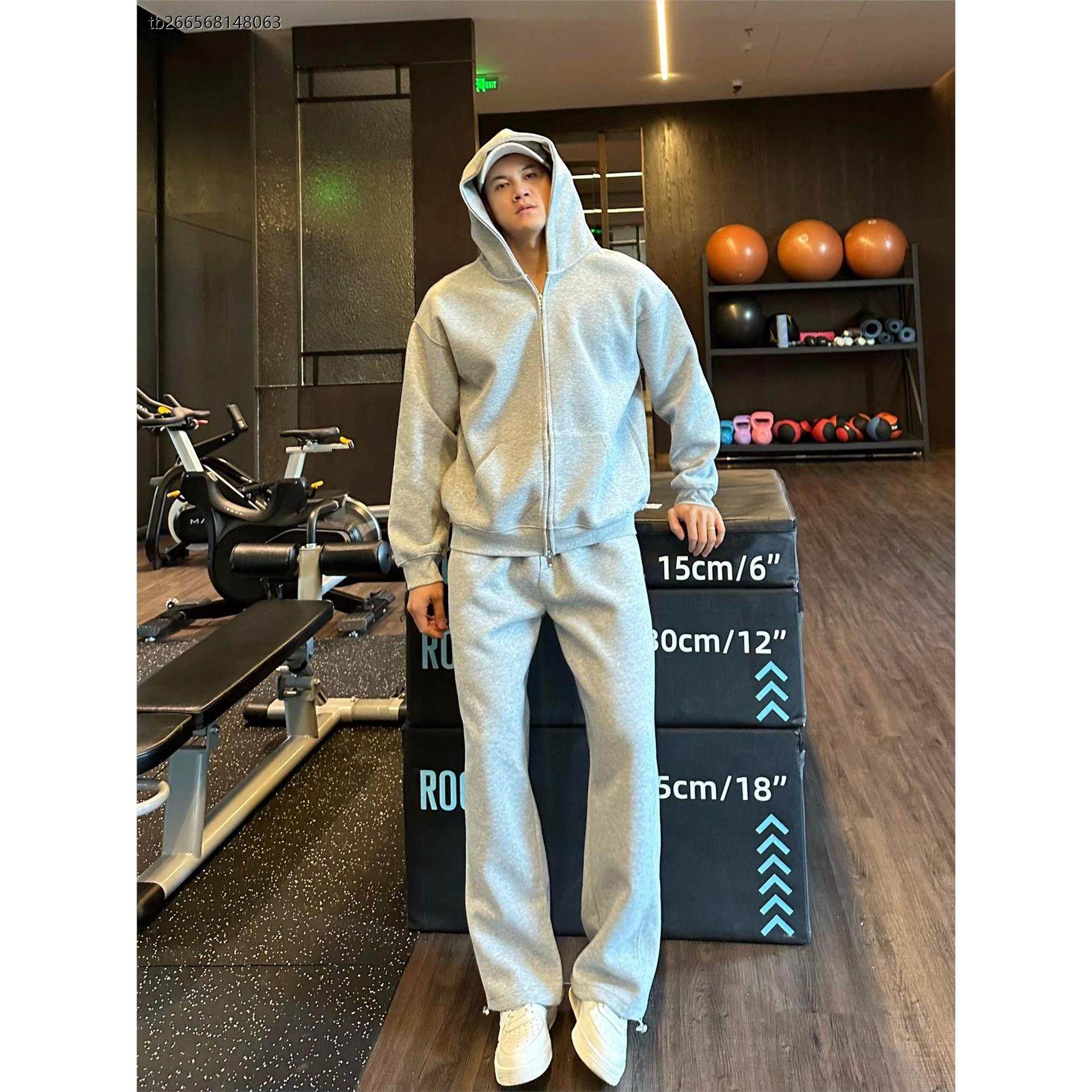 膀子哥 美式高街痞帅纯色运动套装宽松连帽卫衣外套休闲长裤男