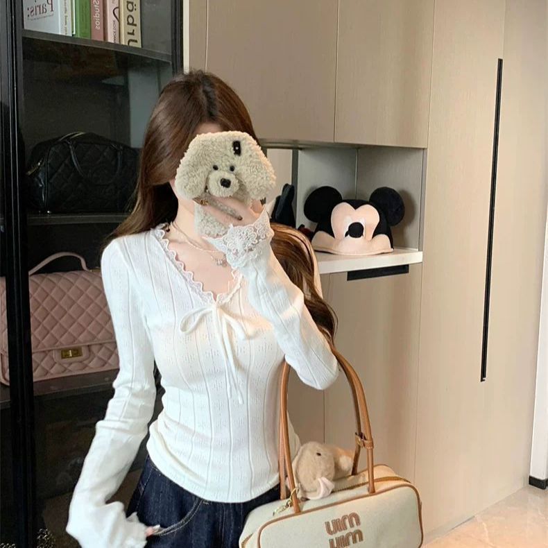 美式辣妹风V领蕾丝花边长袖T恤打底衫女装春秋chic复古收腰上衣潮