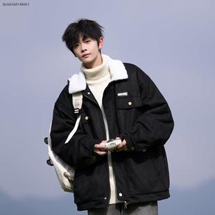 工装翻领羊羔绒外套男冬季加绒加厚棉服新款大码羊羔毛棉衣男款