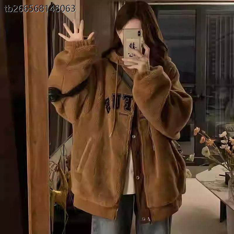 大码胖mm双面穿棒球服羊羔毛外套女冬季加厚加绒美式复古棉服棉袄