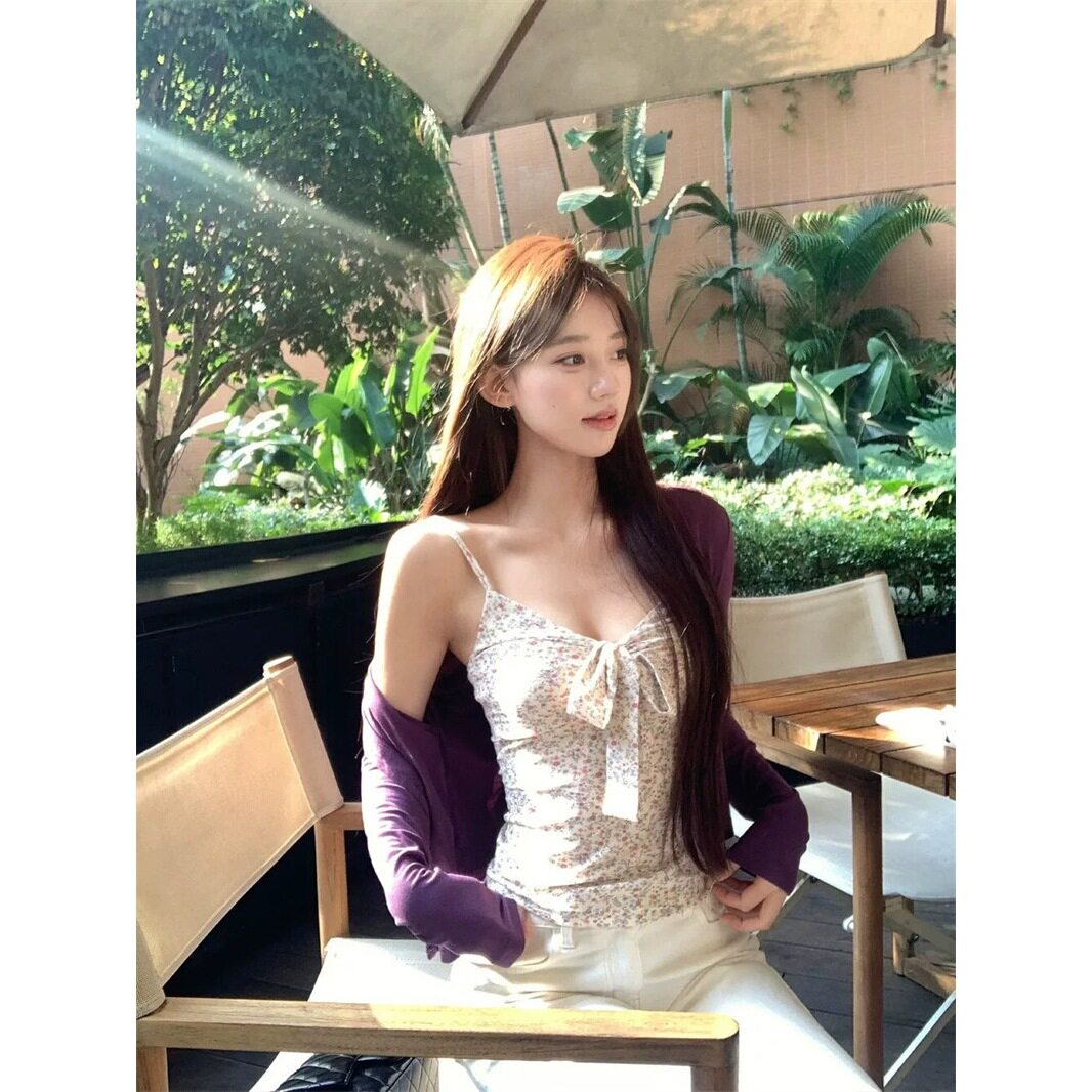 夏季修身打底无袖露背吊带背心女时尚碎花蝴蝶结叠穿辣妹上衣ins