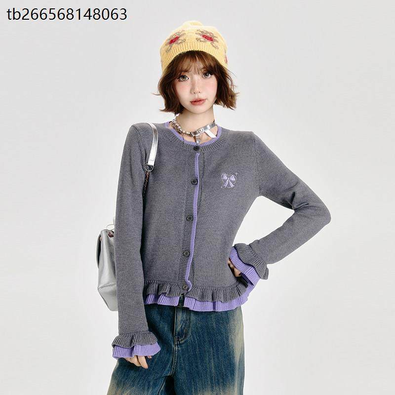 Girlyhalo美式覆古灰色拼接针织开衫女春秋新款短款修身显瘦毛衣,女装/女士精品,毛针织衫,淘宝优惠券,粉丝福利购,淘宝优惠卷