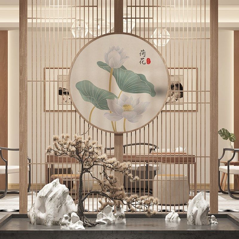 中式花鸟山水荷花圆形玻璃贴膜阳台卧室家用装饰玄关窗户磨砂贴纸,家居饰品,玻璃膜/贴,淘宝优惠券,粉丝福利购,淘宝优惠卷
