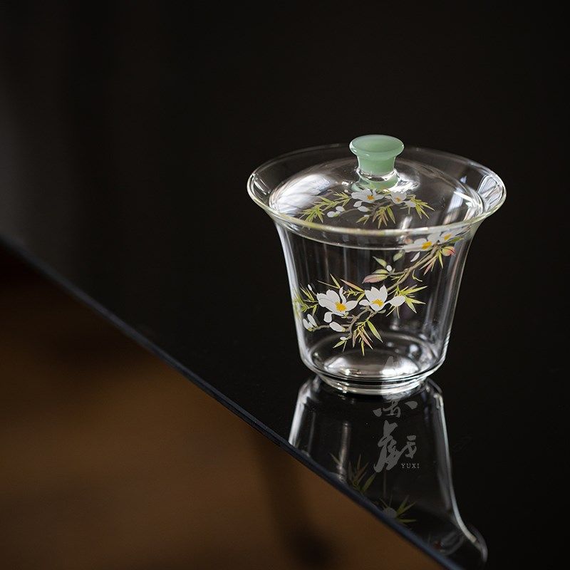 鱼戏高硼硅耐热玻璃盖碗手工贴花单个家用不烫手绿茶泡茶碗手抓碗