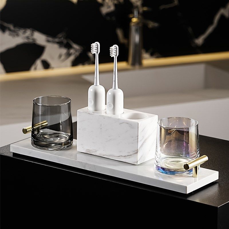 卫生间浴室台面双人洗漱大理石高端牙刷架一家三口漱口杯置物托盘