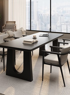 侘寂风多人学习工作台办公桌黑色实木书桌家用客厅长条餐桌泡茶桌