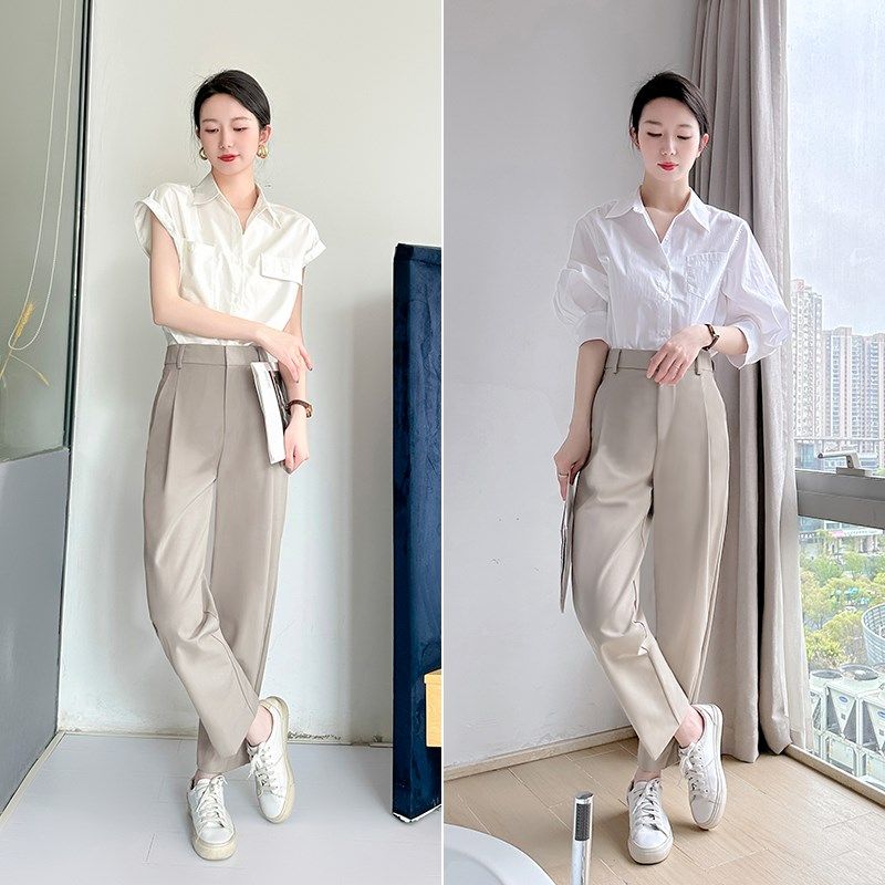 燕麦色裤子女直筒垂感休闲春秋款显瘦百搭高腰职业装西裤九分裤
