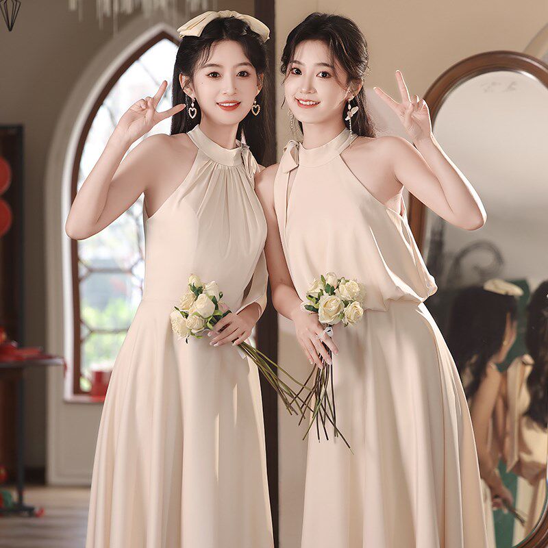 香槟色缎面伴娘服2024新款夏小众高级感日常可穿晚礼服宴会女气质