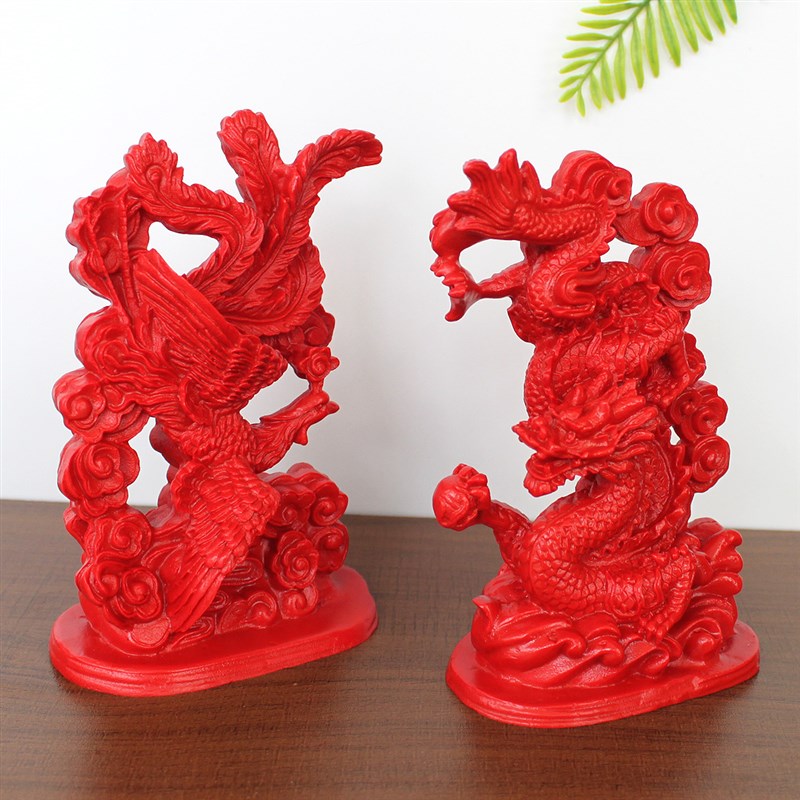 天然朱砂龙凤摆件火凤凰朱雀家居装饰品龙凤呈祥结婚订婚祝福礼物