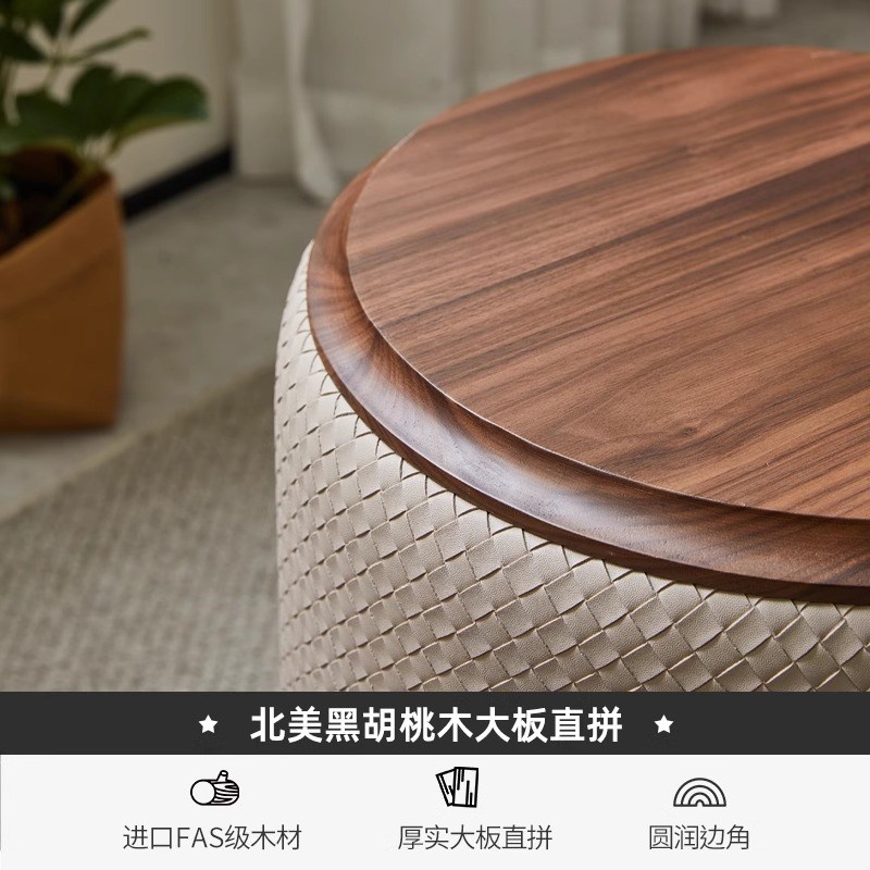 北美黑胡桃木落地圆凳梳妆凳轻奢皮凳坐墩软包矮凳家用卧室化妆凳