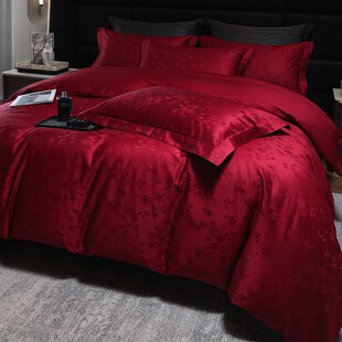 轻奢风婚庆四件套100S长绒棉提花被套酒红色纯棉床单结婚床上用品