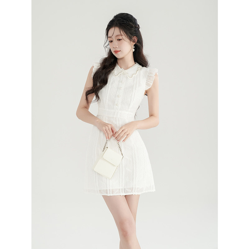 韩语琳新中式U型雪纺连衣裙2023新女夏季花边蕾丝短裙高腰直筒裙