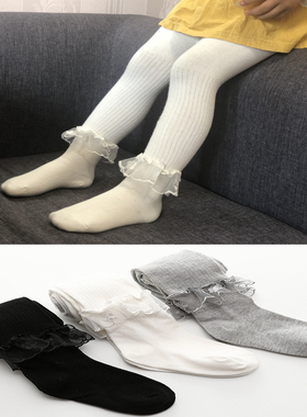 女宝宝白色花边连裤袜春秋薄款小童棉1-3岁大pp打底裤2婴儿连体袜