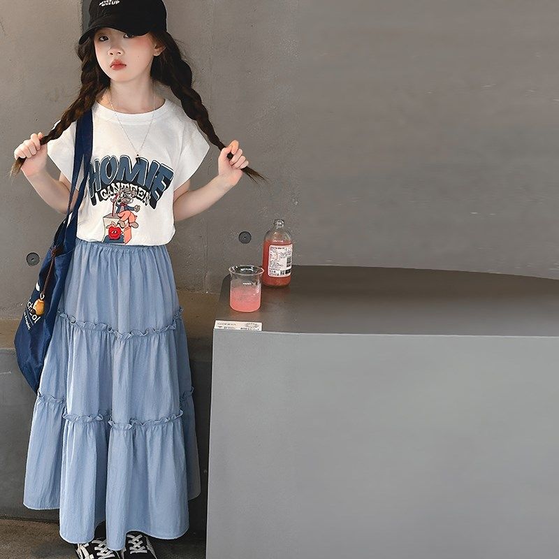 女童夏季套装2024新款儿童时髦洋气夏装大童短袖T恤半身裙两件套