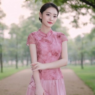 新中式国风改良旗袍立领衬衫女2024夏季新款气质修身短袖上衣粉色