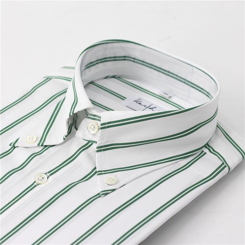 Leo男士新品纯棉长袖绿色条纹衬衫 意式长尖领休闲修身正装衬衣