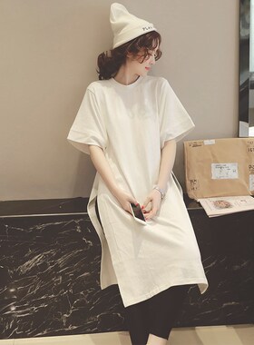 韩国夏季短袖t恤打底裙女纯白色宽松大码中长款个性开叉上衣学生