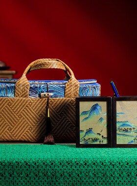 湘传礼纯手工湘绣双面绣笔筒蓝色藤编春节庆典茶礼盒套装