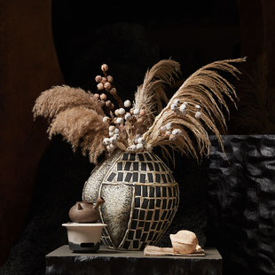 复古侘寂风花瓶仿真花客厅餐桌台面插花民宿软装摆件斑驳陶罐花器