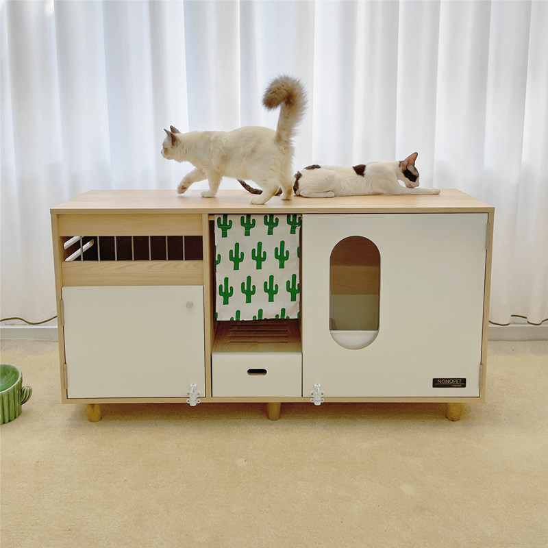 实木大型隔臭防水铲屎防漏砂通道走廊式双侧猫砂盆封闭式猫厕所柜