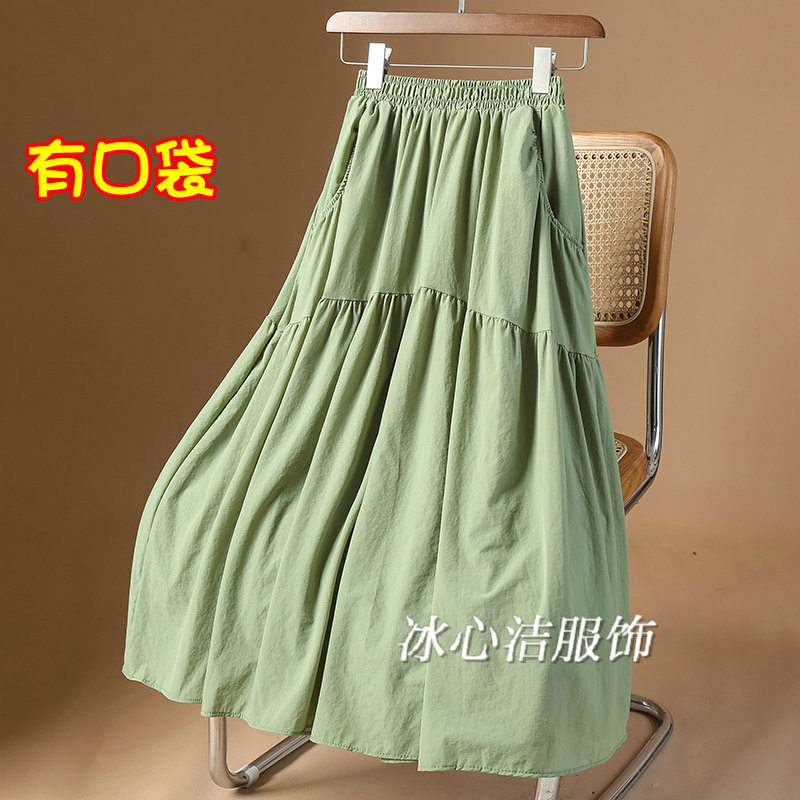 夏季口袋绿色半身裙女2025新款春秋小个子白色裙子长裙半裙夏季