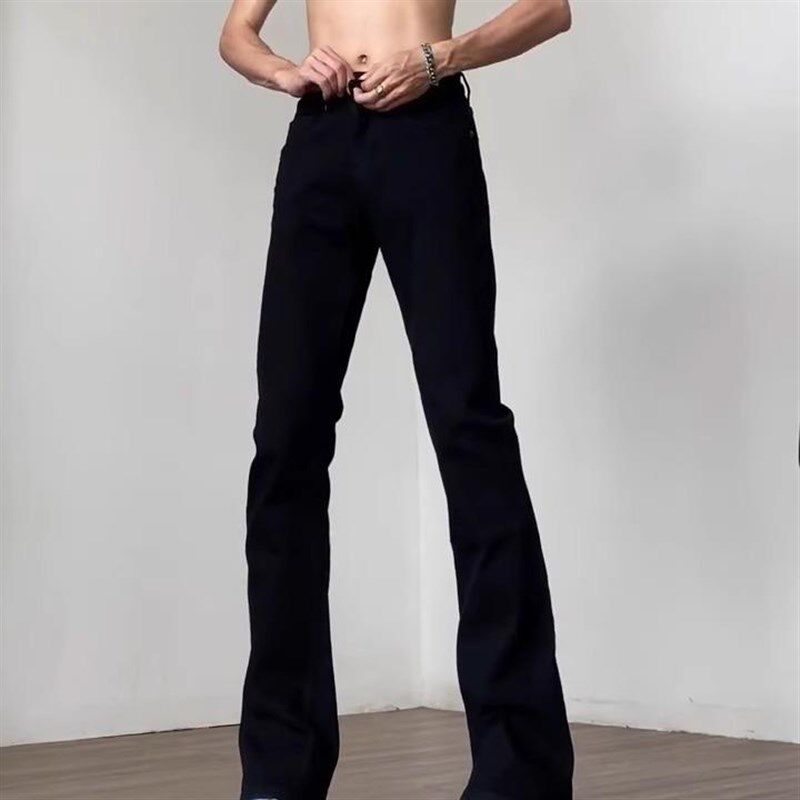 秋春款加长牛仔裤男190高个子窄版直筒微喇裤子115黑色显瘦弯刀裤