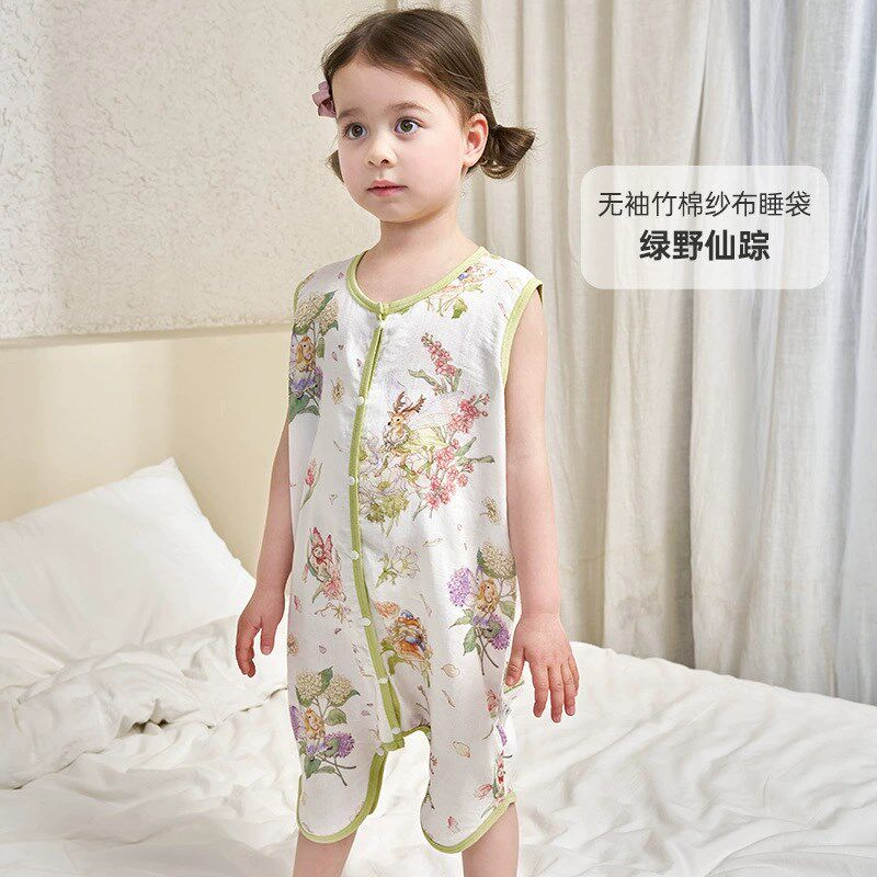 夏季背心式睡袋婴儿双层竹棉纱布宝宝无袖睡衣儿童分腿防踢被薄款