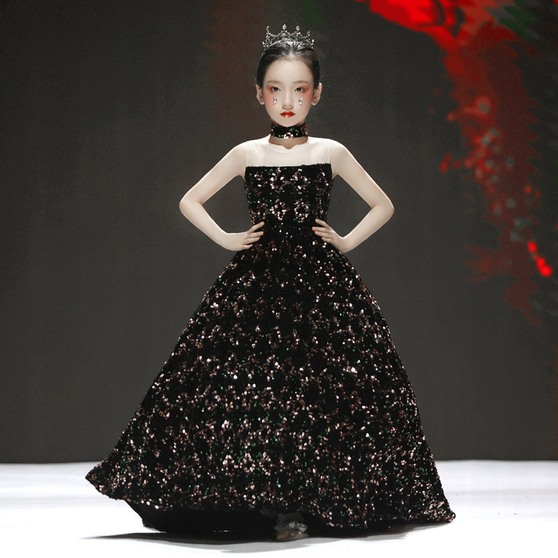 儿童礼服公主裙高端女童模特走秀t台主持人黑色高级感钢琴演出服