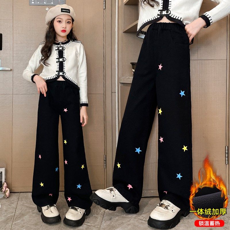 女童牛仔裤秋冬装2024新款女大童直筒阔腿裤儿童冬季加绒加厚裤子