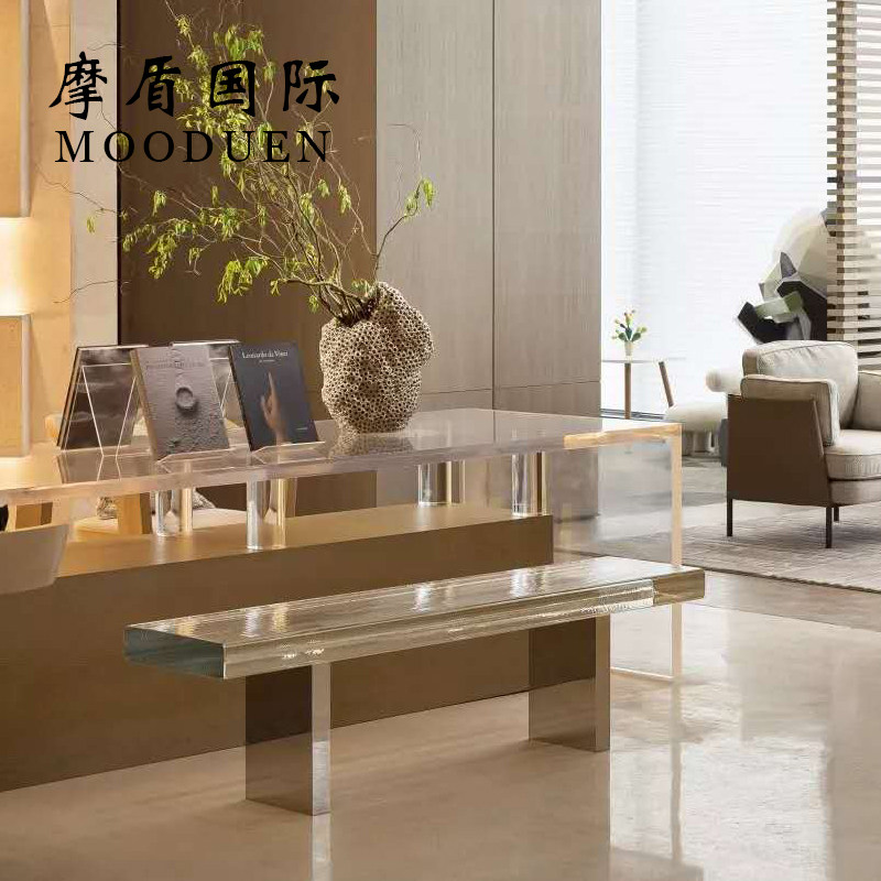 酒店大堂玻璃凳水晶装饰矮凳金属不锈钢长条凳子铂晶艺术透明墩子