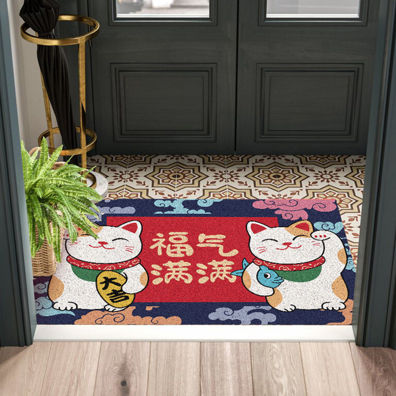 招财猫入户门地垫家用红色丝圈防滑地毯出入平安进门门口耐磨脚垫