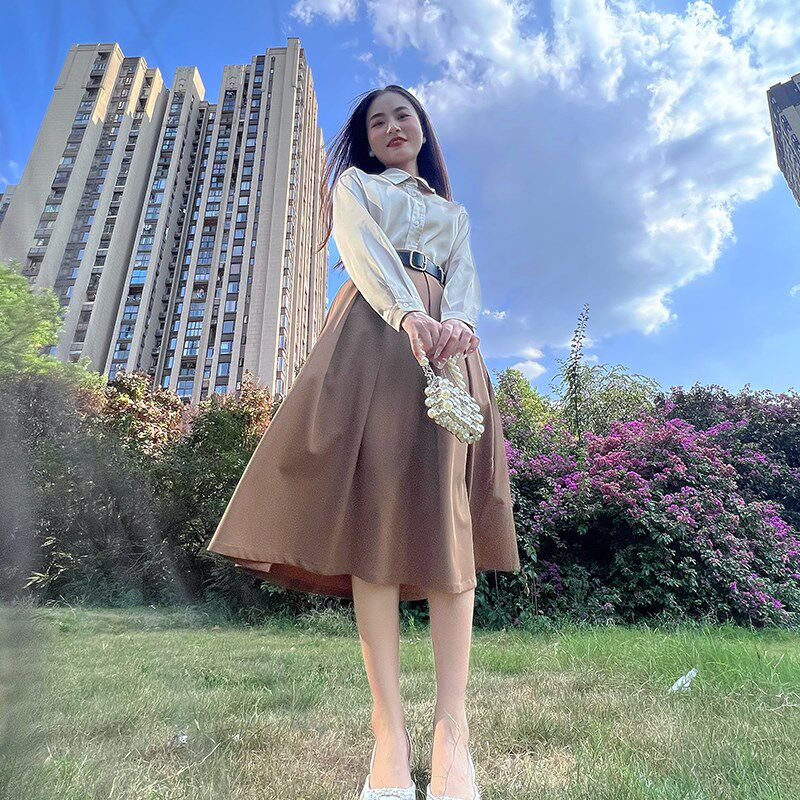 140-160小个子女装2022秋新款轻奢法式衬衫衬衣+半身裙百褶裙套装