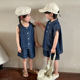 儿童夏季牛仔套装女童2024新款休闲宝宝衣服男童背心短裤兄妹夏装