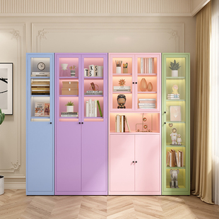 奶油风书柜铁艺家用玻璃门置物儿童收纳柜落地铁皮展示柜酒柜书架