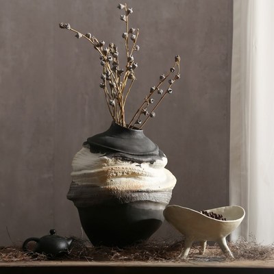 黑白现代极简复古做旧侘寂风手工陶瓷花瓶摆件客厅插花样板间软装