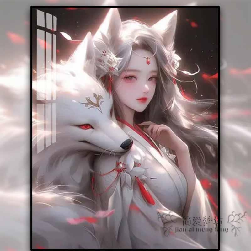 2025新款高颜值十字绣线绣白狐少女古风人物钻石画diy手工贴卧室