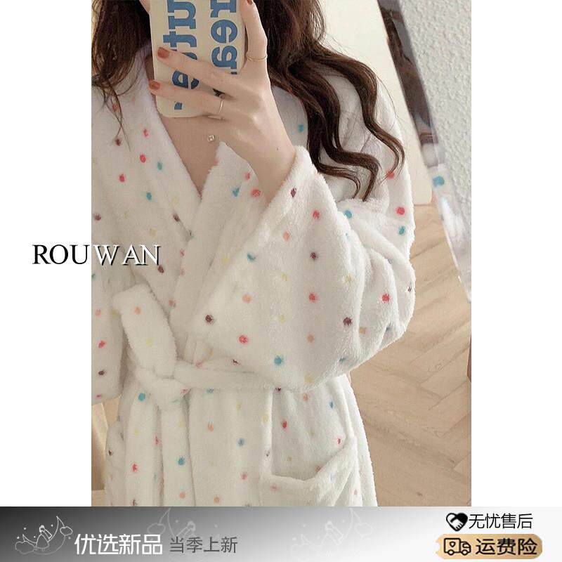 彩色波点印花珊瑚绒睡袍女加绒加厚冬季长款睡裙浴袍大码家居睡衣
