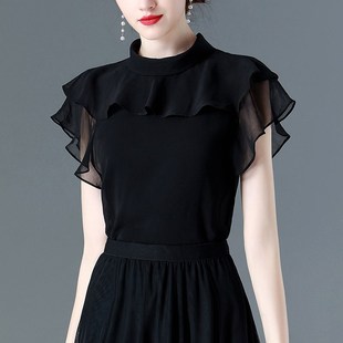 荷叶边雪纺衫短袖女夏季2024新款宽松遮肚子小衫百搭黑色上衣女夏