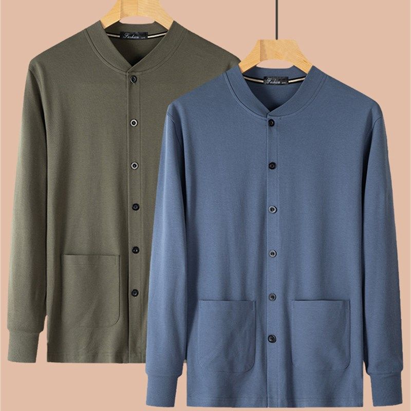 纯棉开衫秋衣男士 秋冬加厚款中老年人爸爸长袖t恤爷爷棉毛老头衫