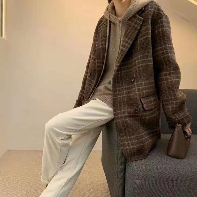 大码女装格子毛呢小西装外套2024秋冬胖mm中长款宽松显瘦呢子西服