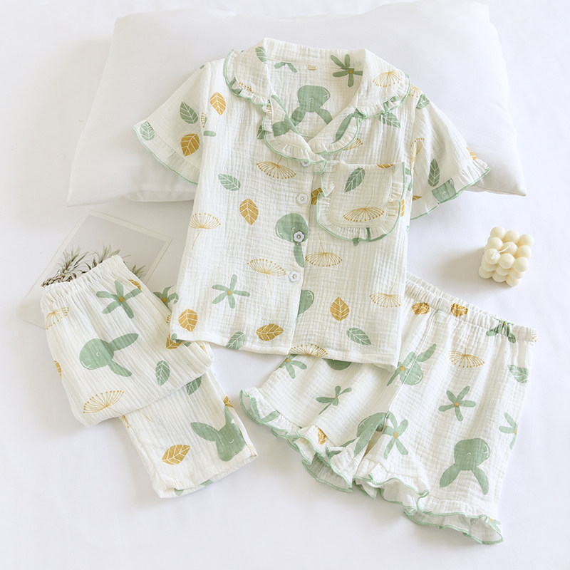 米筱米女童夏季薄款全棉睡衣套儿童纯棉纱布短袖长裤三件套家居服