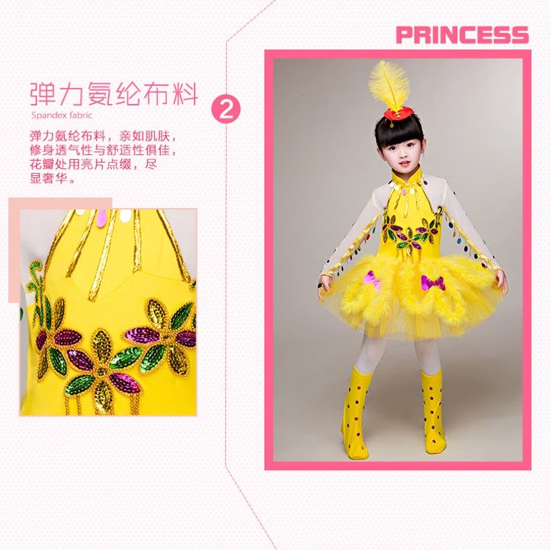儿童小鸟服装演出服六一新款幼儿舞蹈表演服黄色连衣裙女童渣渣雀
