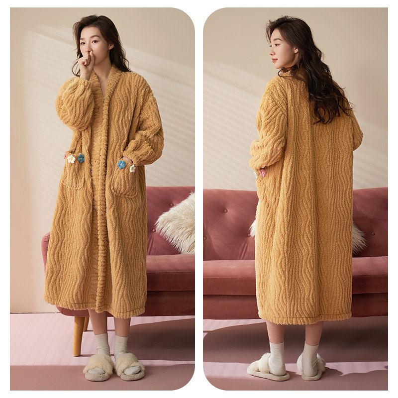 轩靓睡袍女冬季加绒加厚法兰绒2023新款睡衣珊瑚绒家居服浴袍晨袍