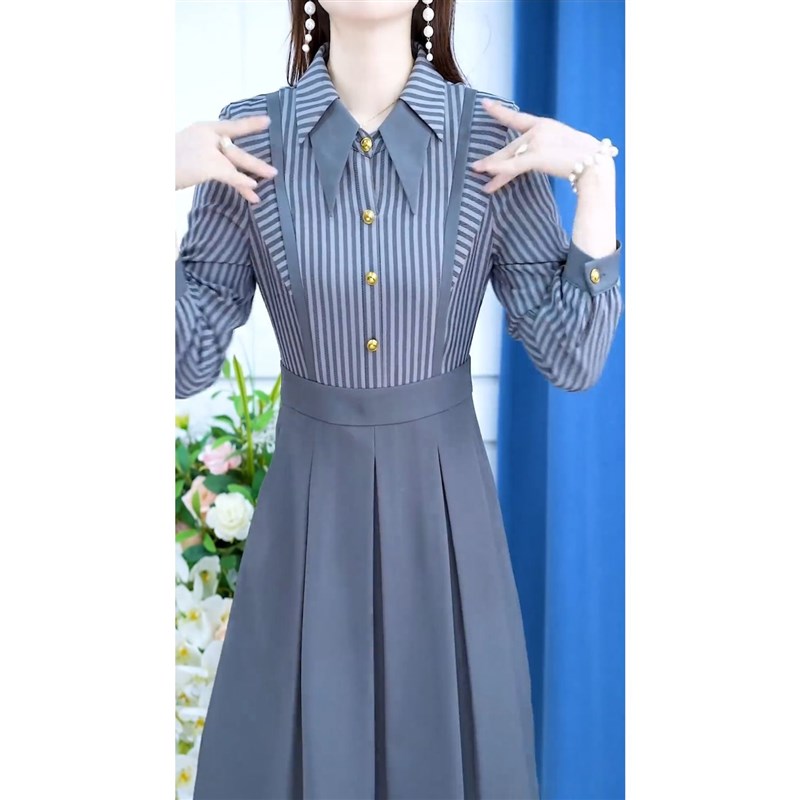 气质显瘦条纹拼接中长款裙子女2024秋季新款时尚假两件长袖连衣裙