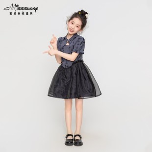 蜜丝桑妮改良旗袍碎花连衣裙母女款2024夏季新款女童仙灵轻纱裙子