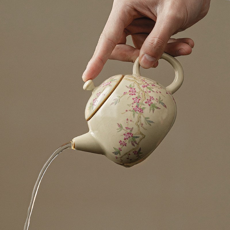 米黄汝窑陶瓷小茶壶单壶功夫泡茶壶家用防烫龙旦壶单人茶具女可爱