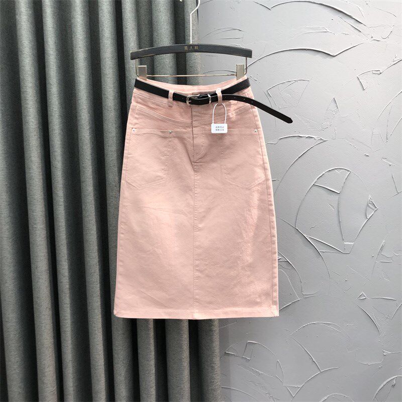 玫红色高腰中长牛仔裙女夏天新款洗水百搭显瘦A字半身直筒包臀裙