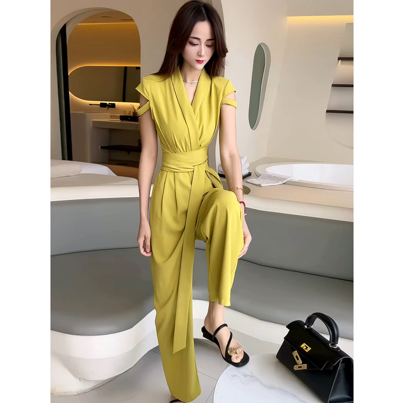 2024年高级感法式v领套装连衣裤新款夏季气质名媛长裤连体裤女装